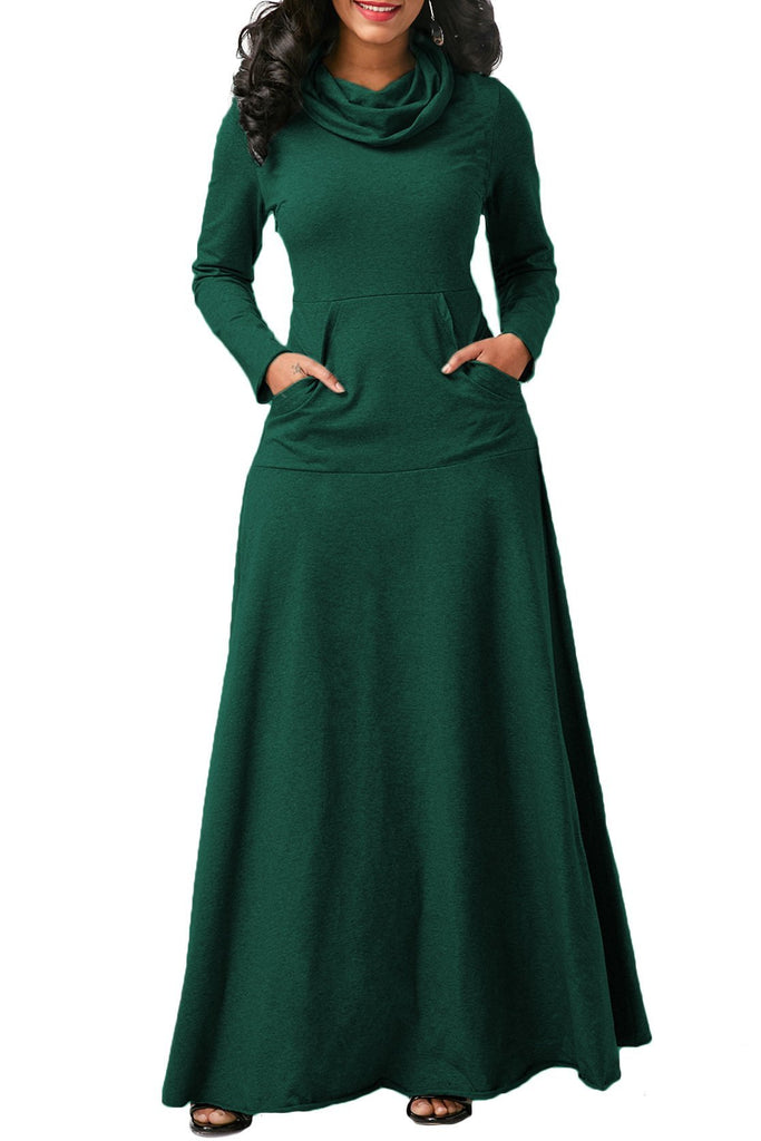 MB FASHION Elegant Long-Sleeve Maxi Dress with Pockets and Cowl Neck 4009