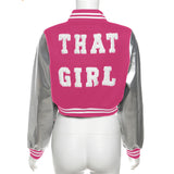 MB FASHION Metallic Sleeve Varsity Jacket with 'THAT GIRL' Appliqué 3900LY