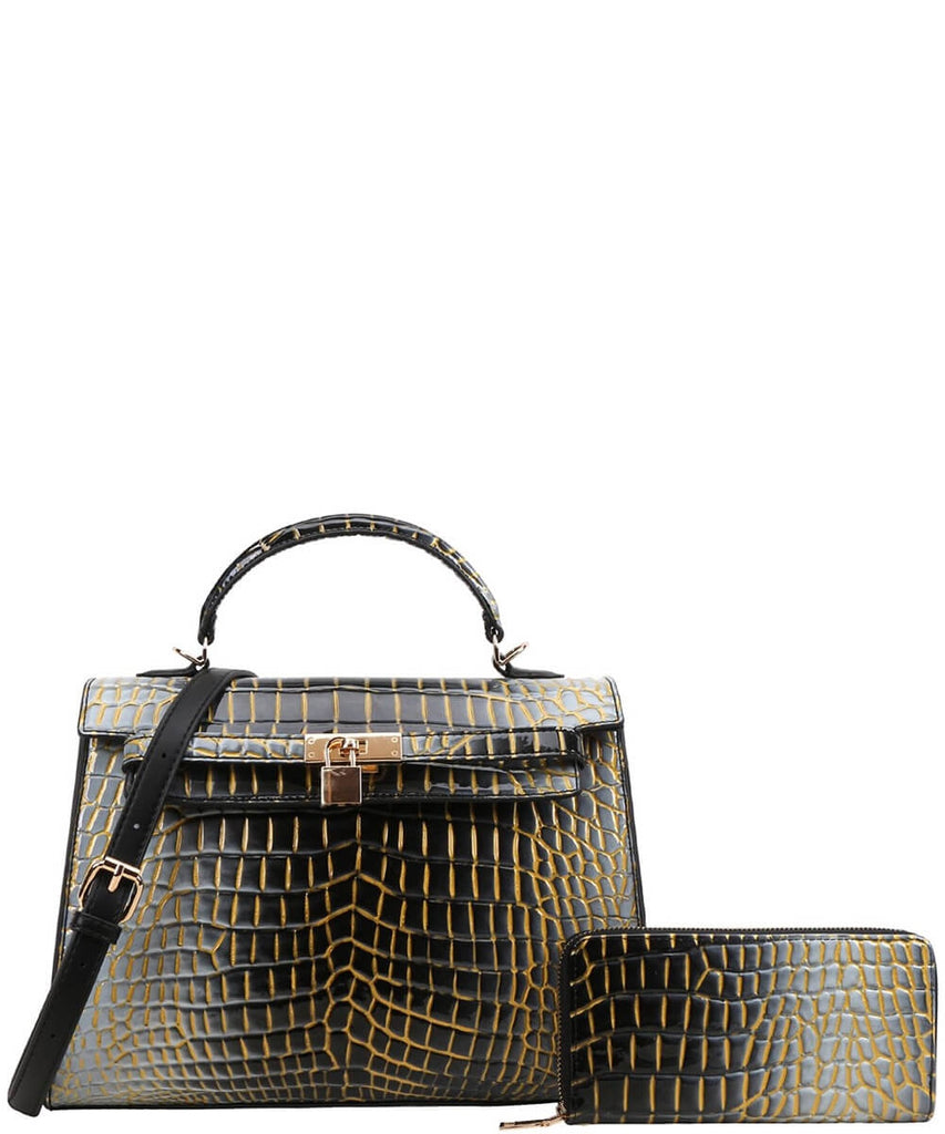 EVERY FASHION Croc Embossed Structured Handbag with Matching Wallet CJ-9168W