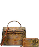 EVERY FASHION Croc Embossed Structured Handbag with Matching Wallet CJ-9168W