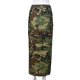 MB FASHION High-Waisted Camo Cargo Midi Skirt with Front Slit 8805LY