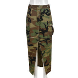 MB FASHION High-Waisted Camo Cargo Midi Skirt with Front Slit 8805LY