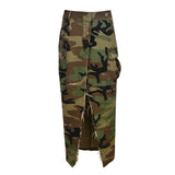MB FASHION High-Waisted Camo Cargo Midi Skirt with Front Slit 8805LY