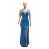 MALYBGG V-Neck Sequin High Slit Evening Dress 900983LY