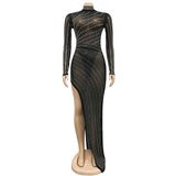 MALYBGG Rhinestone Adorned Long Sleeve Maxi Dress 6040LY