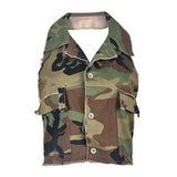 MB FASHION CAMO Cropped Sleeveless Vest with Raw Edges and Pockets 9185LY