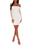 MB FASHION Off-Shoulder Ruched Bodycon Dress with Sheer Sleeves 2449