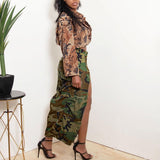MB FASHION High-Waisted Camo Cargo Midi Skirt with Front Slit 8805LY