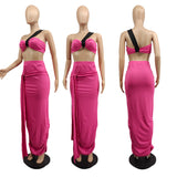 MB FASHION One-Shoulder Bandeau Top with Tie Detail Midi Skirt Set 6615T