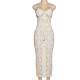 MB FASHION Geometric Cutout Mesh Midi Dress with Spaghetti Straps 4230AT