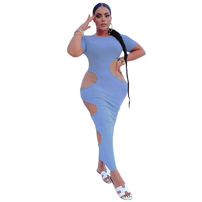 MB FASHION Cut-Out Ribbed Bodycon Midi Dress with Short Sleeves 5286T | MB Fashion Wholesale MB FASHION Cut-Out Ribbed Bodycon Midi Dress with Short Sleeves 5286T | MB Fashion Wholesale