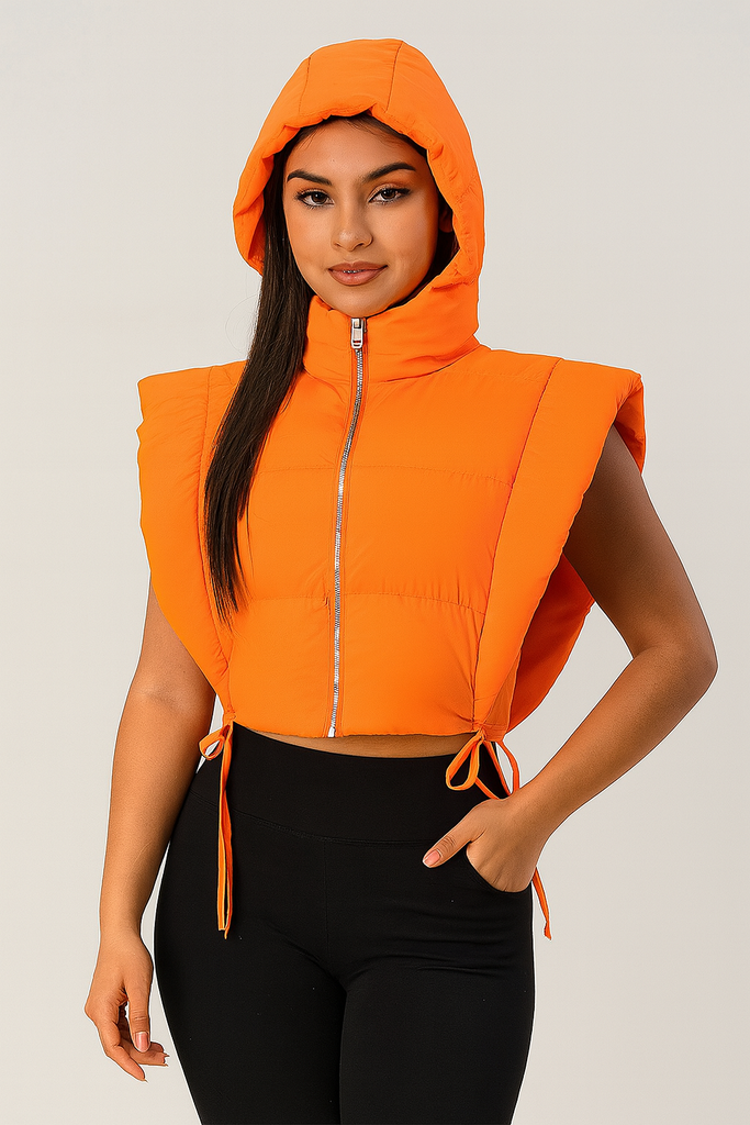 MB FASHION Cropped Puffer Vest with Hood and Side Drawstrings