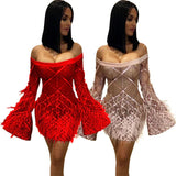 MB FASHION Off-Shoulder Feather Sleeve Embellished Party Dress 8152