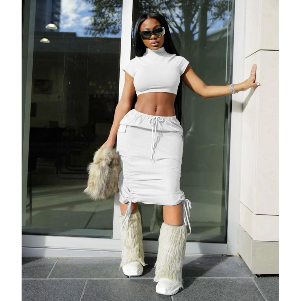 MB FASHION High-Neck Crop Top and Ruched Midi Skirt Set with