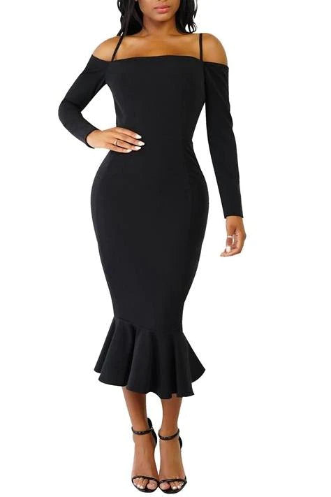 MB FASHION Off-Shoulder Mermaid Midi Dress with Long Sleeve Strap Deta | MB Fashion Wholesale MB FASHION Off-Shoulder Mermaid Midi Dress with Long Sleeve Strap Deta | MB Fashion Wholesale
