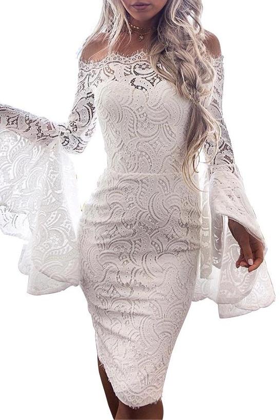 MB FASHION Off-Shoulder Patterned Dress with Bell Sleeves 1015 SIZE RUN SMALL