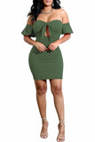 MB FASHION Off-Shoulder Tie-Front Mini Dress with Ruffle Sleeves 6001