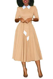MB FASHION Elegant Midi Dress with Collar and Pleated Flare Skirt 7075
