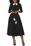MB FASHION Elegant Midi Dress with Collar and Pleated Flare Skirt 7075