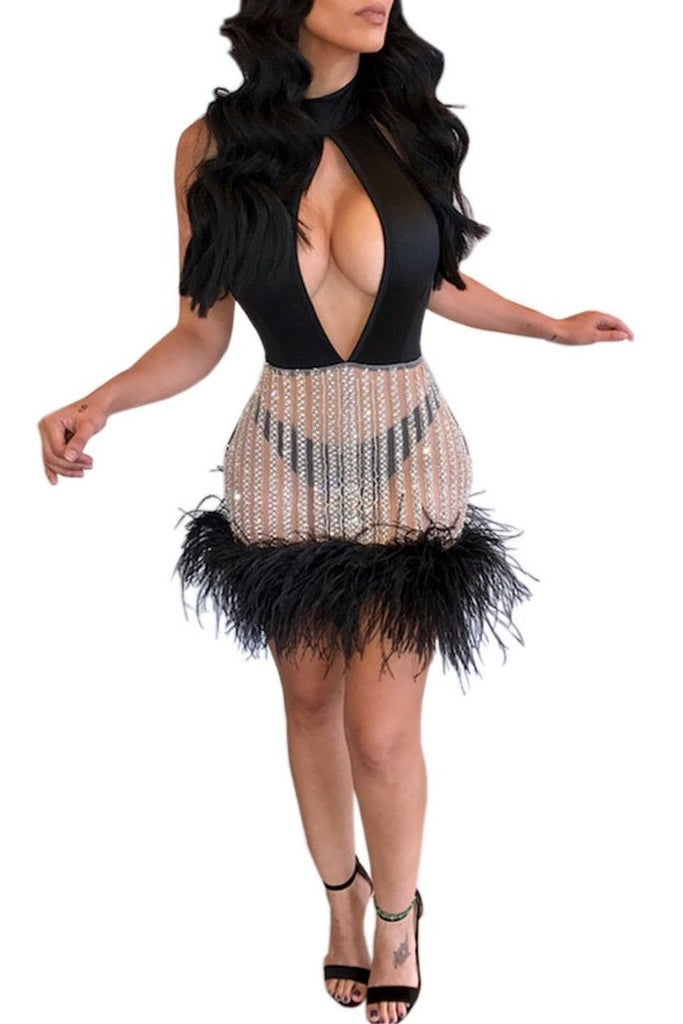 MB FASHION Halter Neck Sequin Stripe Dress with Feather Hemline 8025