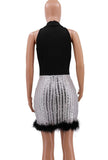 MB FASHION Halter Neck Sequin Stripe Dress with Feather Hemline 8025