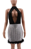 MB FASHION Halter Neck Sequin Stripe Dress with Feather Hemline 8025