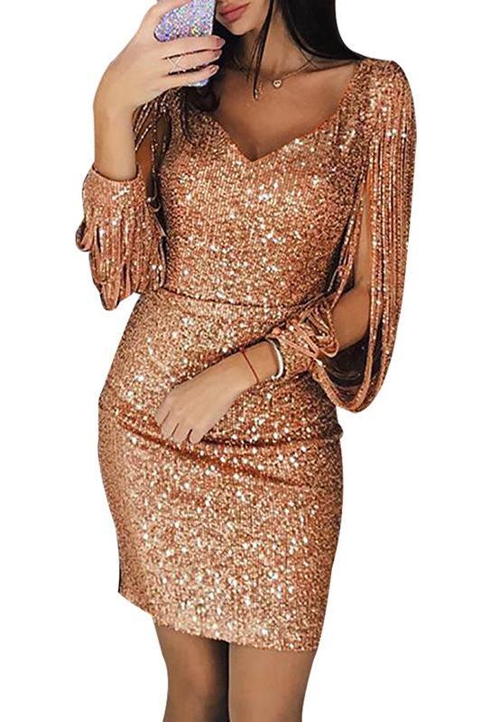 MB FASHION Sequin Party Dress with Split Sleeves and Sweetheart Neckline 1901