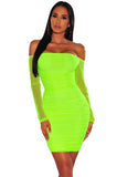 MB FASHION Off-Shoulder Ruched Bodycon Dress with Sheer Sleeves 2449