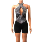 MALYBGG Tight-Fit Rhinestone-Adorned Net Bodysuit with Halter Neckline 6956LY