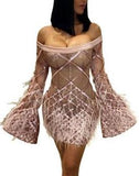MB FASHION Off-Shoulder Feather Sleeve Embellished Party Dress 8152