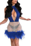 MB FASHION Halter Neck Sequin Stripe Dress with Feather Hemline 8025