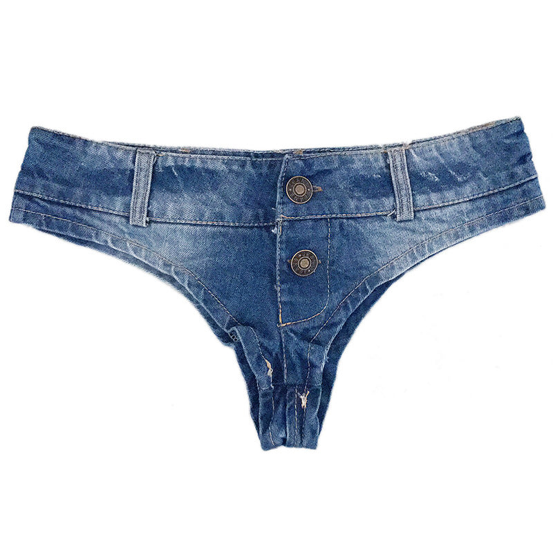 MB FASHION Ultra-Low-Rise Denim Thong Shorts with Button Closure