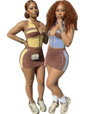 MB FASHION Sleeveless Zip-Up Halter Crop Top & Mini Skirt Two-Piece Set 6023