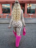 MB FASHION Two-Piece Leopard Print Long Sleeve Zip-Up Top & High-Waist Flare Pants Set 5012