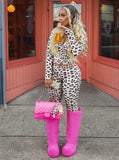 MB FASHION Two-Piece Leopard Print Long Sleeve Zip-Up Top & High-Waist Flare Pants Set 5012