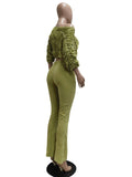 MB FASHION Ruched Off-Shoulder Top & High-Waist Flared Pants Set 9532