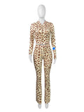 MB FASHION Two-Piece Leopard Print Long Sleeve Zip-Up Top & High-Waist Flare Pants Set 5012