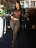MB FASHION Two-Piece Sheer Animal Print Top and Flared Pants Set 9729