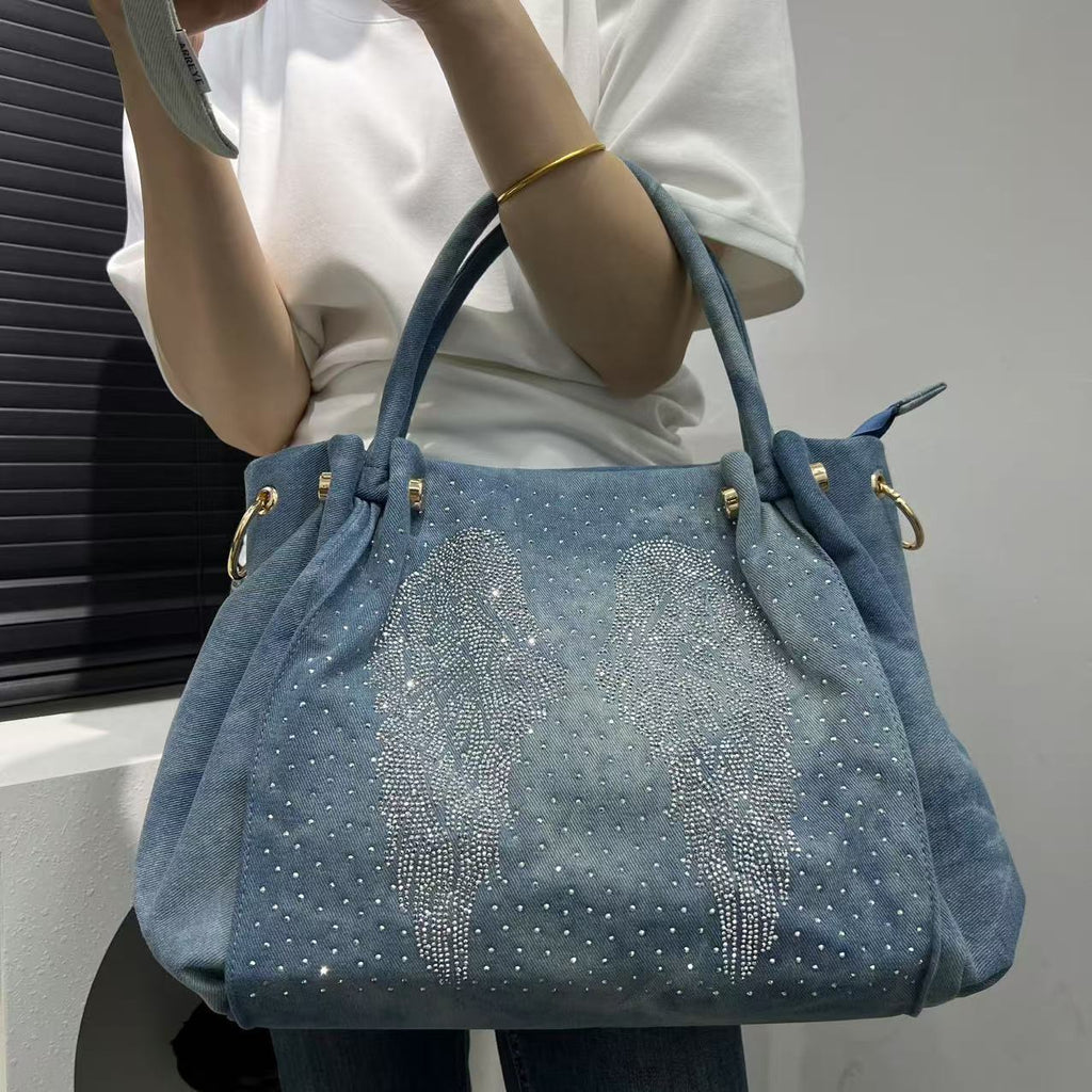 EVERY FASHION Blue Denim Angel Rhinestone Tote