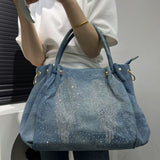 EVERY FASHION Blue Denim Angel Rhinestone Tote