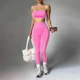MB FASHION Strapless Bandeau Crop Top & High-Waisted Leggings Activewear Set 2425