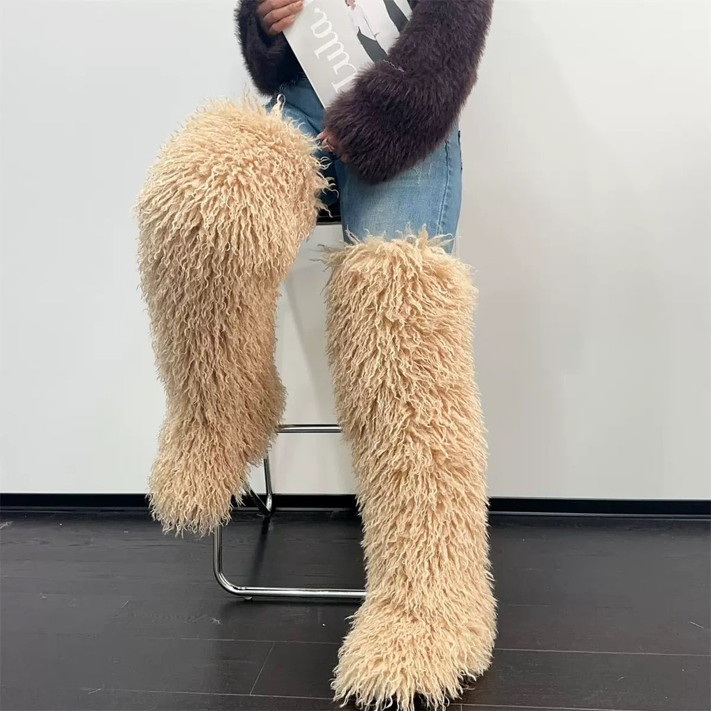 EVERY FASHION Ultra-Shaggy Faux Fur Over-The-Knee Boots