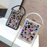 Every Fashion Gemstone Embellished Box Clutch with Top Handle and Chain Strap