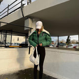 MB FASHION Letter Patch Cropped Puffer Jacket with Fleece Collar 392