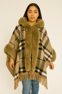 Every Fashion Plaid Faux Fur Trim Poncho with Hood and Fringe (One Size)