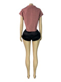MB FASHION Short Sleeve Collared Plaid Button-Up Top 6017