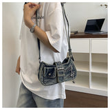 EVERY FASHION Distressed Denim Multi-Pocket Shoulder Bag with Hardware Details
