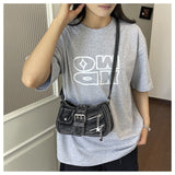 EVERY FASHION Distressed Denim Multi-Pocket Shoulder Bag with Hardware Details