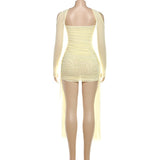 MB FASHION Mesh Ruched Mini Dress with Arm Sleeves 4947