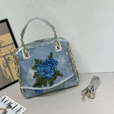 EVERY FASHION Denim Rhinestone Embroidered Floral Handbag